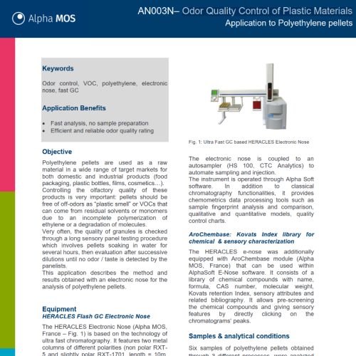 Fallstudie von Alpha MOS: Qualitätskontrolle (Geruch) von Polyethylen-Granulat bezüglich Fehlgerüchen und VOC mit elektronischer Nase/Olfaktometer.