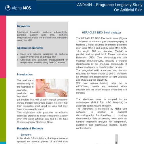 Fallstudie von Alpha MOS: Untersuchung der Langlebigkeit von Düften auf künstlicher Haut mit der elektronischen Nase HERACLES